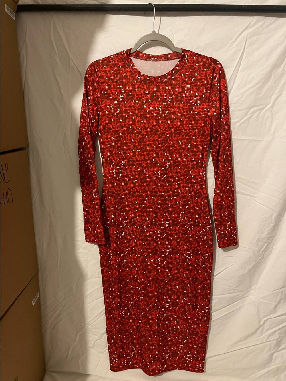 SHEIN Red Sequin Long Sleeve Midi Dress with Crew Neck